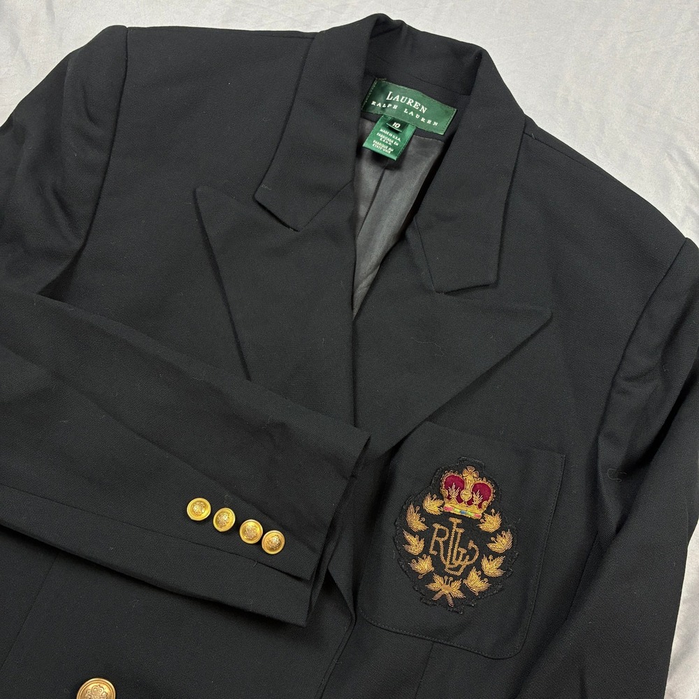 Lauren Ralph Lauren Blazer Double Breasted Crown Crest Embroidered Size 10 Black